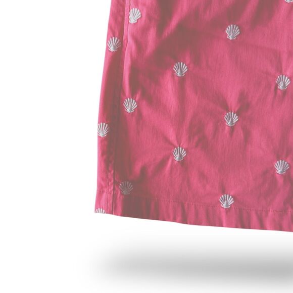 British Khaki Seashell Pattern Embroidered Pink Mini Skirt Wm Sz 8 Pockets EUC - Picture 6 of 7